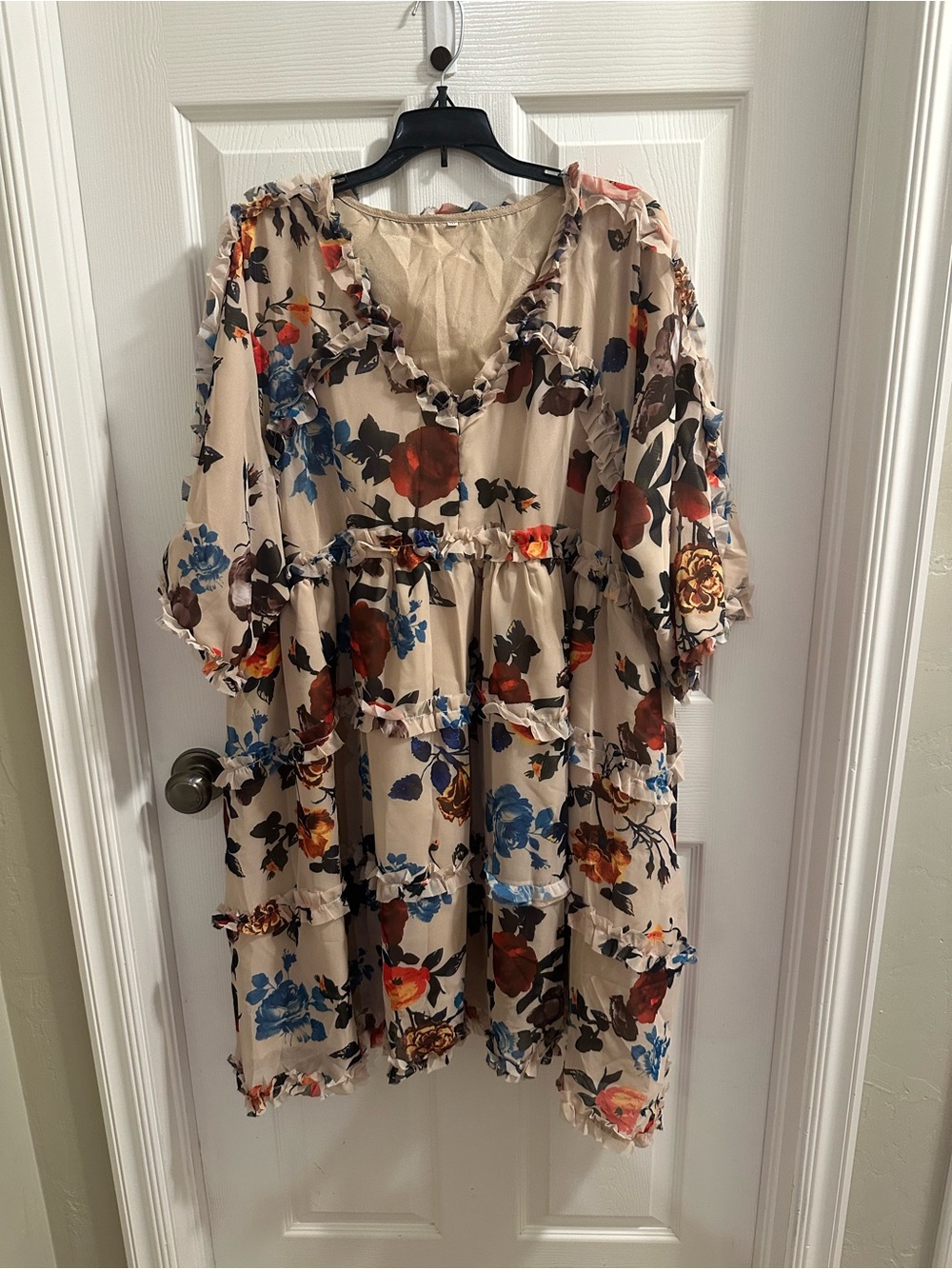 Floral Ruffle Tiered Midi Dress in Cream with Multicolor Blooms